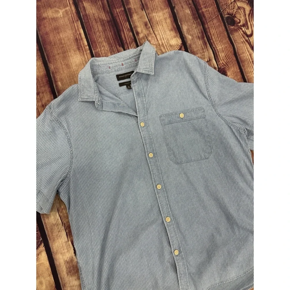 Banana Republic Men's Blue Striped Woven Button-Up SS Pocket Shirt XL Reg
